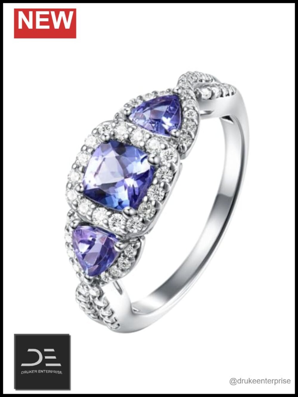 1Ct Genuine Tanzanite Ring, Cushion Cut 3 Stone Sterling Silver, Size 8